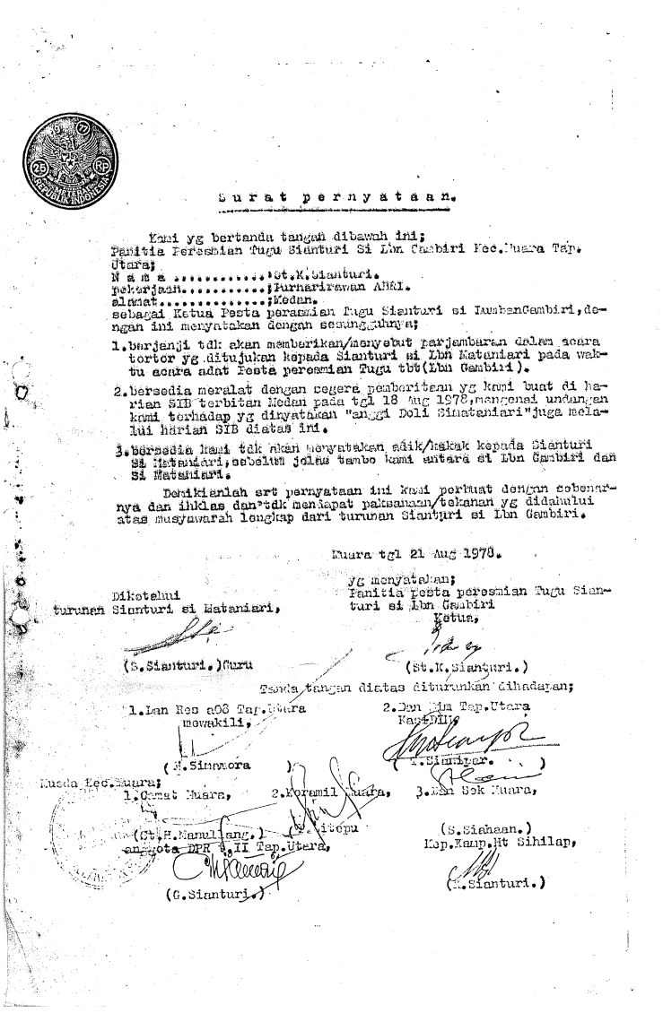 Surat Pernyataan Peresmian Tugu Sianturi Lumban Gambiri 21 Aug 1978